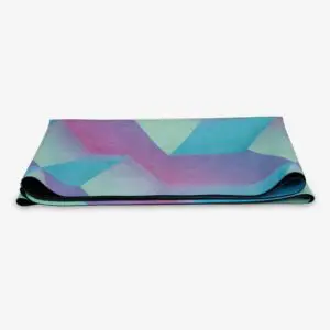 folded microfiber suede yoga mat blue green cubes yogigo