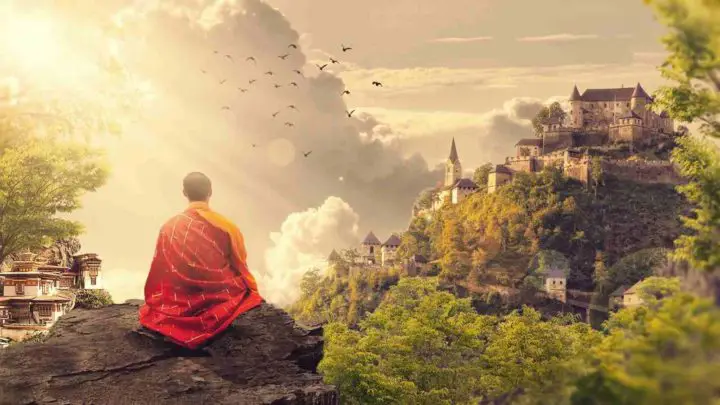 Monk meditating to achieve samadhi